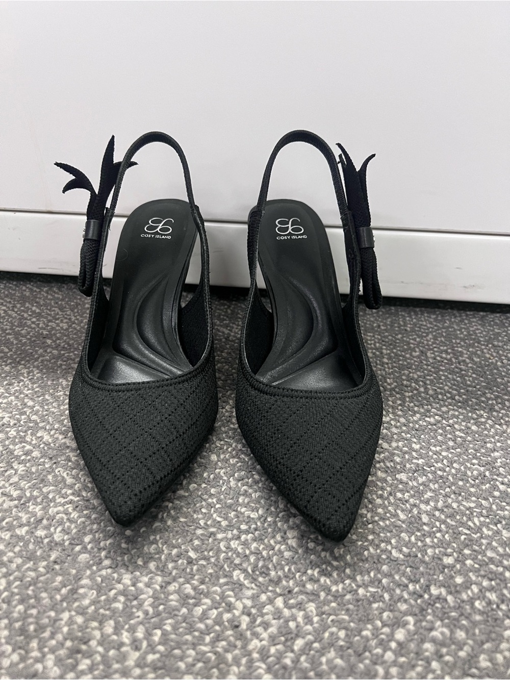 Black Pointed Slingback Heels with Bow Accent